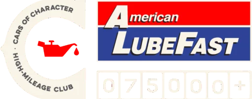 American LubeFast logo featuring an oil can icon, bold "Cars of Character" High-Mileage Club text, and a partially visible number counter at the bottom.