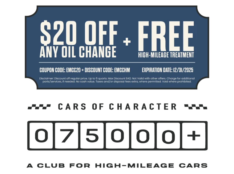 $20 off any oil change plus free high-mileage treatment offer; coupon code and terms listed; odometer graphic displays 75,000 miles; text says "A Club for High-Mileage Cars.