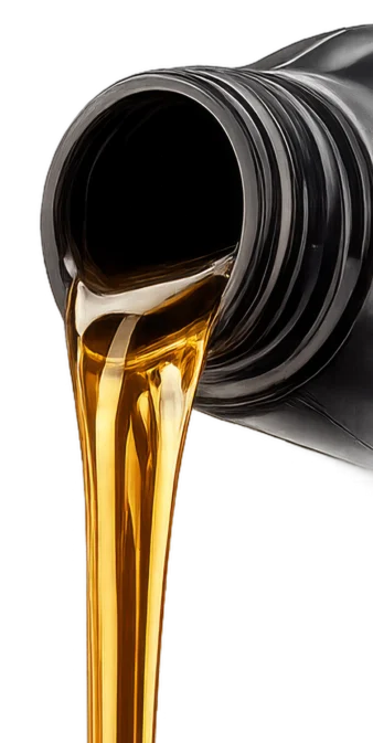 Golden motor oil pouring from the mouth of a black plastic bottle against a white background.